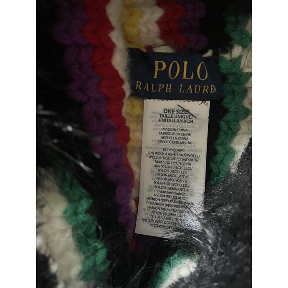 Polo Ralph Lauren Wool Pom Pom Beanie Hat Rainbow Knit Stripe Black Fur - Picture 4 of 4